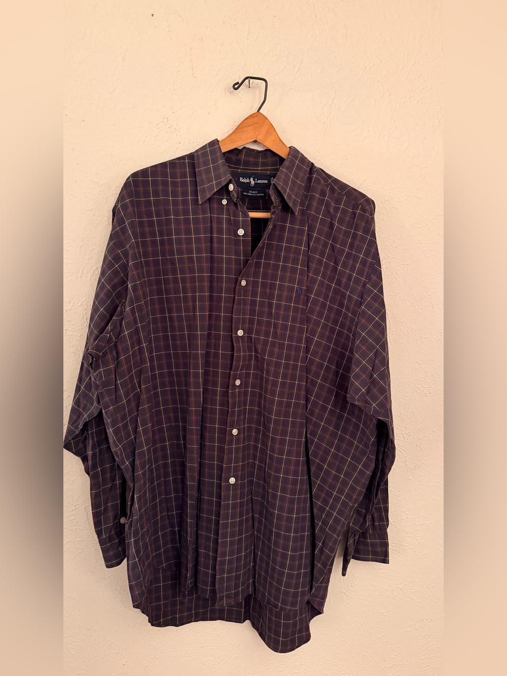 90s Ralph Lauren Men's Navy Plaid Button-Down Shirt